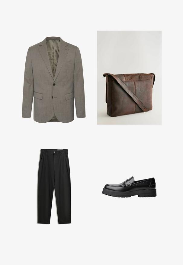 Blazer grigio a righe sottili realizzato in tessuto strutturato. Presenta un colletto a rever, due tasche frontali e due bottoni. Interno foderato di un colore a contrasto.; PULL&BEAR JOIN LIFE - T-shirt basic - black; Pantaloni in cotone neri con una vestibilità rilassata, dotati di una vita classica, pieghe frontali e tasche laterali. Tessuto liscio senza fantasie.; Mocassino in pelle nera con suola spessa e tassellata e fascia decorativa sulla parte superiore, mostrato in profilo sinistro su sfondo bianco.; Borsa messenger in pelle marrone con patta testurizzata, dotata di una lunga tracolla regolabile e dettagli di cuciture visibili. Finitura liscia e opaca.; Collana di perle bianche con forma rotonda uniforme, superficie liscia e chiusura in metallo con catena di estensione per lunghezza regolabile.