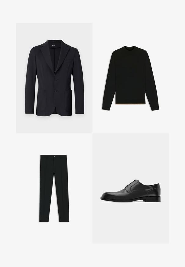 Black blazer with a textured fabric, single-breasted, notched lapels, two front pockets, and two buttons. Brand label visible inside.; Black knit sweater with long sleeves and a high neck. Features a gold accent at the hem. Smooth texture and fitted design.; Black dress pants with a straight-leg design, made of smooth fabric. Features a front button closure and belt loops. Plain without patterns.; Black leather dress shoe featuring a rounded toe, smooth texture, minimal seams, and a flat sole with subtle branding on the heel.