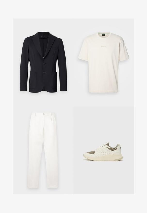 Black blazer with a textured fabric, single-breasted, notched lapels, two front pockets, and two buttons. Brand label visible inside.; BOSS TEE - Basic T-shirt - open white; White trousers made from smooth fabric, featuring a straight leg design, front pleats, and a single button closure at the waist.; White and light beige athletic sneaker, featuring a mesh upper, perforated detailing, and a textured midsole with branding on the heel.