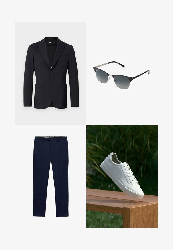 Črn blazer iz teksturirane tkanine, enojno zapenjal, z zareznimi lapelami, dvema sprednjima žepoma in dvema gumboma. Oznaka blagovne znamke je vidna znotraj.; Bele kratke majice s kratkimi rokavi, zložene, narejene iz bombaža. Imajo okroglo ovratnico in raven kroj. Tkanina se zdi gladka brez vzorcev.; Temno modri hlače s ožjim krojem in vzorcem črt. Zasnovane so z zadrgo, pasnimi zankami in sprednjimi žepi. Gladek teksturiran material.; Beli vezani športni čevlji, ki lebde nad leseno klopjo z zelenim rastlinjem v ozadju, prikazujejo obliko in teksturo čevlja.; Črne in srebrne sončna očala v obliki mačjih oči, z gradientnimi lečami in kovinskimi dodatki na okvirju. Plastične ročke s sivimi konicami.