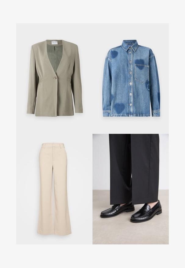 Vihreä oliivinvärinen bleiseri, jossa on V-pääntie, yhden napin kiinnitys, räätälöity istuvuus ja pitkät hihat. Suloinen pinta, jossa on hienovaraisia sivupinnoituksia.; Vaaleansininen farkkupaita, jossa on sydämenmuotoisia yksityiskohtia, terävä kaulus, rintatasku ja napitus. Pehmeä, teksturoitu kangas.; Beige levelek pantsa, jotka ovat sileätekstuuriset ja joissa on korkea vyötärö sekä kaksi etutaskua. Siisti muotoilu ja istuva malli.; Mustat nahka loaferit, joissa on sileä pinta, tikattu yksityiskohta varpaiden ympärillä ja matala kumipohja. Yhdistetty leveiden mustien housujen kanssa.