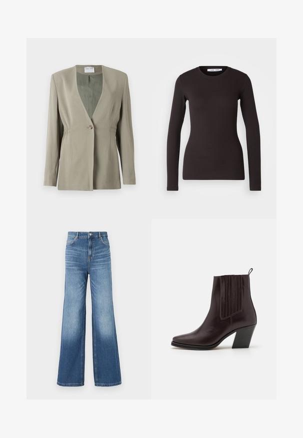 Olivgrüner Blazer mit V-Ausschnitt, einfacher Knopfverschluss, taillierter Passform und langen Ärmeln. Glatte Textur mit dezenten Seitenschräge-Details.; Langärmliges schwarzes Oberteil aus weichem, elastischem Stoff. Verfügt über einen runden Halsauschnitt und eine schmale Passform mit glatter Textur und ohne sichtbare Muster.; Hellblaue Jeans in weiter Beinform mit hohem Bund, ausgestattet mit fünf Taschen, Gürtelschlaufen und einem subtilen Verblassen zum Saum hin.; Dunkelbraune Leder-Ankle-Boots mit spitzer Zehenform, vertikalen Rippendetails an der Seite und einem blockartigen Absatz mittlerer Höhe.