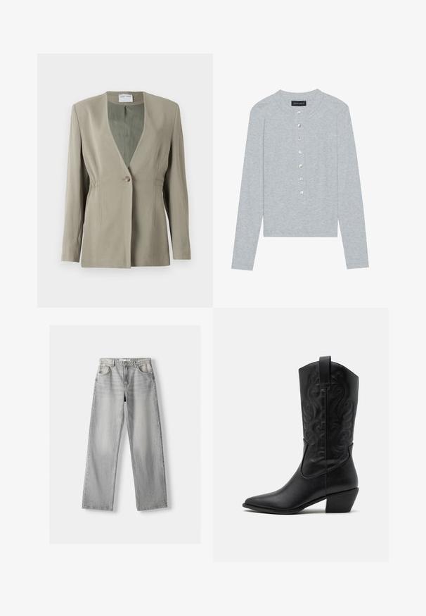 Olivovo zelený blejzer s véčkovým výstrihom, jedným gombíkom na zapínanie, priliehavým strihom a dlhými rukávmi. Hladká textúra s jemnými bočnými nariaseniami.; Svetlosivý kardigán s dlhým rukávom a okrúhlym výstrihom, ktorý má zapínanie na päť gombíkov s okrúhlymi, lesklými gombíkmi a priliehavý strih.; Svetlosivé džíny z denimu s rovnými nohavicami, ktoré majú dve predné vrecká, zapínanie na gombík a jemné vyblednutie pre textúru.; Čierna kožená kovbojská čižma s špicatou špičkou, embosovanými vírivými vzormi a stredne vysokým opätkom. Obsahuje pútko pre jednoduché obúvanie.