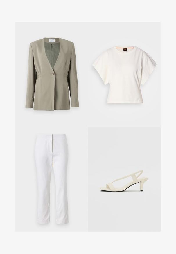 Maslinasto zeleni sako s V-izrezom, zatvaranjem na jedan gumb, krojem prilagođenim figuri i dugim rukavima. Glatka tekstura s suptilnim detaljima nabora sa strane.; Bijeli skraćeni T-shirt, široke kratke rukave, mekani pamučni materijal, okrugli izrez s suptilnim narančastim detaljem, minimalistički dizajn, bez uzoraka ili grafika.; Bijele pamučne hlače ravnog kroja, sa strukom srednje visine i bez vidljivih metalnih dijelova ili uzoraka. Glatka tekstura kroz cijelu dužinu.; Bež sandale na blok petu s tankim remenčićima i kvadratnim vrhom. Glatki materijal s minimalnim detaljima, dizajnirane za jednostavno nošenje.