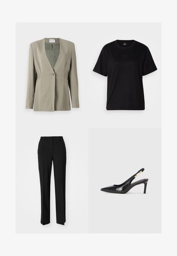 Olivno zeleno blazer z V-izrezom, enojnim gumbom, prilegajočim krojem in dolgimi rokavi. Gladka tekstura z diskretnimi detajli gub na straneh.; Črna bombažna majica s krožnim izrezom, kratkimi rokavi in izvezenim logotipom na prsih. Preprosta, sproščena silhueta brez vzorcev.; Črne krojene hlače s direktnim krojem, ki se ponašajo z gladko teksturo in ostrimi pregibi spredaj. Ni vidne kovine.; Črne usnjene sandale na visoki peti s koničastim nosom, gladko teksturo in ožjim gležnjarjem, ki ima zlate kovinske dodatke.