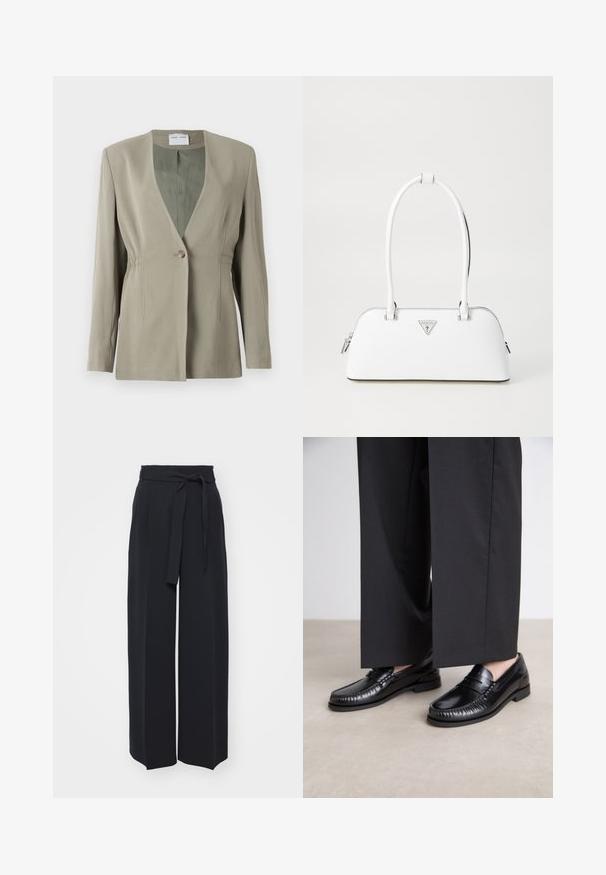 Olijfgroen blazer met een V-hals, enkele knoopsluiting, getailleerde pasvorm en lange mouwen. Zachte textuur met subtiele plooidetails aan de zijkant.; Witte T-shirt met korte mouwen, gemaakt van lichtgewicht katoen. Heeft een ronde hals en opgerolde mouwen. Rode merketiket op de kraag.; Zwarte wijde broek van zachte stof. Voorzien van een ceintuur en plooien aan de voorkant. Glad textuur met een strakke, hedendaagse stijl.; Zwarte leren instappers met een gladde afwerking, gestikte details rond de teen en een lage rubberen zool. Gepaard met brede zwarte broeken.; Witte leren handtas met een gebogen vorm, voorzien van een zilveren driehoekig logo en ritssluiting. Gladde textuur en dubbele handvaten.