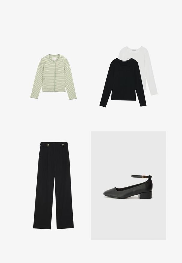 Gestreepte cardigan in lichtgroen en wit, met een ronde halslijn, lange mouwen, knopen aan de voorkant en twee zijzakken. Zachte stof textuur.; Twee shirts met lange mouwen, één zwart en één wit, beide met een vierkante halslijn en gemaakt van zacht, rekbaar materiaal.; Zwarte wijde broek met hoge taille, knoopdetails op de tailleband en plooien aan de voorkant.; Zwarte leren pump met een spitse neus en een lage blokhak. Beschikt over een enkelband met een goudkleurige gespsluiting. Gladde textuur.