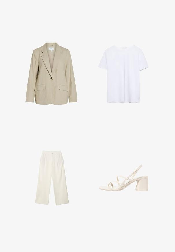 Light beige blazer made of textured fabric. Features a single button closure, notched lapels, and two front pockets.; Plain white short-sleeve crew neck t-shirt with a straight hem, displayed on a white background.; Wide-leg trousers in cream fabric with a smooth texture, featuring a single front button, subtle pleats, and a high waist design.; Beige heeled sandals with slender, crisscross straps, open toe, and a square block heel. Smooth patent finish, adjustable ankle strap.