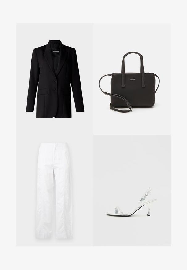 Schwarzer Blazer mit maßgeschneidertem Design, ausgestattet mit einem Reverskragen, zwei Knöpfen und zwei Seitentaschen, aus glattem Stoff gefertigt.; Weißes Baumwoll-T-Shirt mit kurzen Ärmeln, Rundhalsausschnitt und lockerer Passform. Glatte Textur, keine Muster oder Akzente, minimalistisches Design.; Weiße, weit geschnittene Hosen aus leichtem Stoff, mit glatter Textur, klaren Linien und einem Hochbund-Design.; Silberne Lackleder Slingback-Pump mit schmalem Zehenriemen, verstellbarem Schnallenverschluss und schlanker Absatzhöhe.; Schwarze Handtasche mit zwei kurzen, doppelt geflochtenen Griffen und einem abnehmbaren Schulterriemen. Glattes, lederähnliches Material mit einem Reißverschluss und Logodetail.