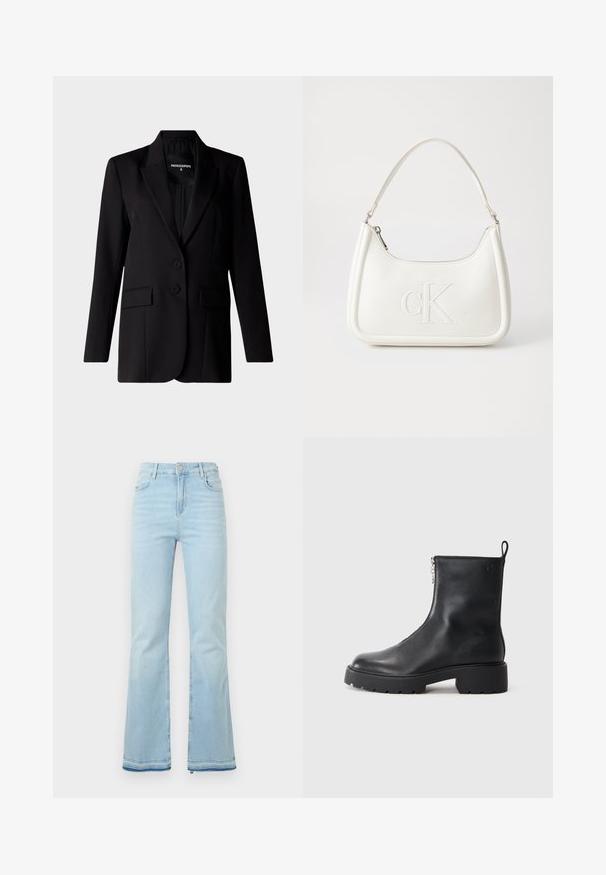 Blazer negru cu un design bine croit, are un guler în formă de V, două nasturi și două buzunare laterale, realizat dintr-un material neted.; Tricou alb cu dungi, cu guler rotund și mâneci până la cot. Fabricat dintr-un material moale cu o textură netedă. Eticheta vizibilă la guler.; Jeanși evazați de culoare bleu deschis, fabricați din denim, cu talie înaltă, buzunare frontale și margini brutale la mansete pentru un look casual.; Cizme din piele neagră, până la gleznă, cu fermoar lateral, vârf rotunjit și talpă texturată, robustă. Branding subtil pe lateral.; Geantă de umăr din piele albă cu formă curbată, având un logo "CK" embosat pe partea din față și un singur braț de umăr. Închidere cu fermoar în partea de sus.