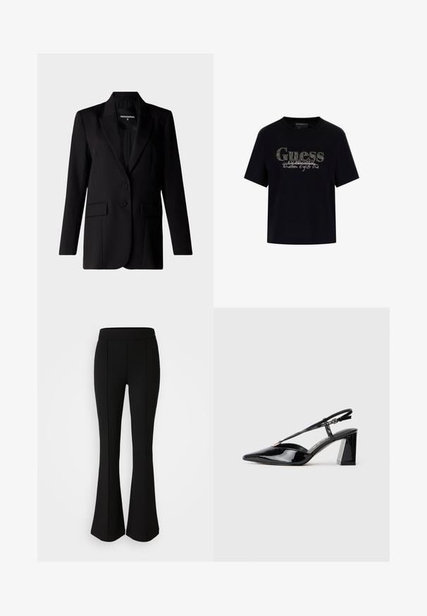 Čierny blazer s priliehavým strihom, má klopový golier, dva gombíky a dve bočné vrecká, vyrobený z hladkej látky.; Čierne bavlnené tričko s okrúhlym výstrihom a krátkymi rukávmi. Obsahuje trblietajúce sa logo "Guess" a text "Založené v osemdesiatom prvom roku".; Čierne rozšírené nohavice vyrobené z elastického materiálu s hladkou textúrou, so švovými detailmi pozdĺž prednej časti pre zvýraznenie dizajnu.; Čierne patent leather sandále na vysokých opätkoch s ostrou špičkou, nastaviteľným popruhom a robustným obdĺžnikovým opätkom.