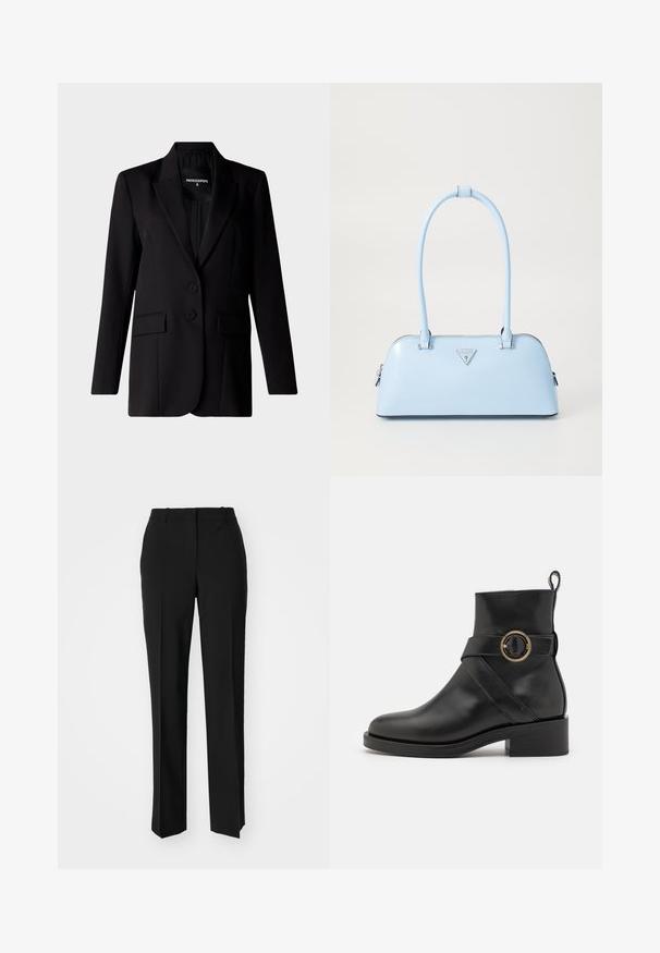 Black blazer with a tailored design, features a notched collar, two buttons, and two side pockets, crafted from smooth fabric.; Black cotton t-shirt with a crew neckline, short sleeves, and an embroidered logo on the chest. Simple, relaxed fit with no patterns.; Black tailored trousers with a straight-leg design, featuring a smooth texture and crisp creases along the front. No visible hardware.; BOSS IRYNA BOOTIE - Platform ankle boots - black; Light blue handbag with a structured shape, smooth leather material, two handles, and a triangular brand logo on the front. Zippered closure.