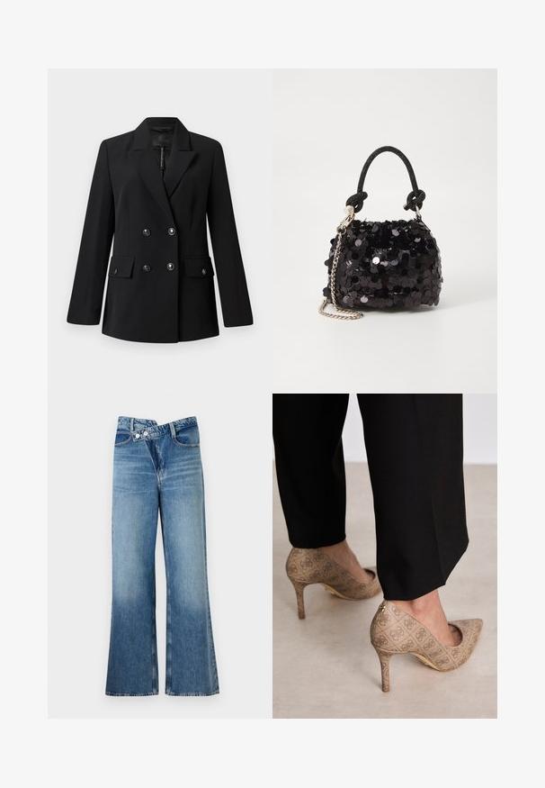 Crni dvostruko kopčani sako s reverom s izrezom, dva prednja džepa i detaljima s gumbima. Izrađen od glatkog tkanog materijala.; Crna majica s kratkim rukavima s velikim šljokičastim trokutastim logotipom koji sadrži "GUESS U.S.A." i središnji upitnik.; Svijetloplave traperice s izrezom i visokim strukom, s dva gumba i prednjim džepovima. Tkanina ima izblijeđenu teksturu s suptilnim varijacijama.; Bež cipele s visokom petom izrađene od teksturiranog materijala s ponavljajućim uzorkom. Dizajn s oštrim vrhom s pozadinskim naglaskom i zlatnim detaljem na peti.; Crna mini torbica sa šljokicama, s čvorastim teksturiranim remenom i srebrnim lancem. Zaobljenog oblika s naboranim vrhom i reflektivnim detaljima.