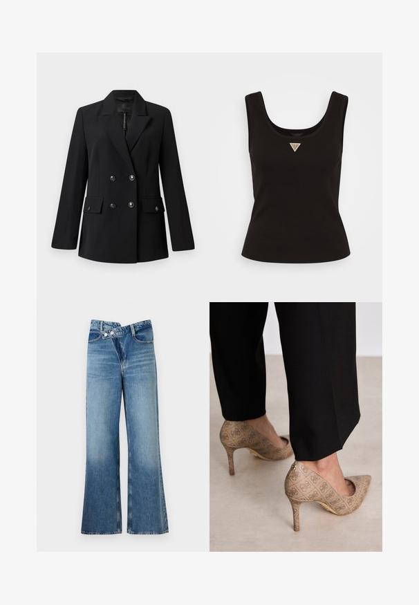 Juodas dvigubas švarkas, pagamintas iš lygaus audinio, su išpjoviniu apykakle, dviem priekinėmis kišenėmis ir apvaliais juodais mygtukais.; Juodas audeklo liemenė su apvaliu iškirpimu ir mažas trikampio logotipas sidabro akcentais centre priekyje. Prigludęs dizainas be rankovių.; Šviesiai mėlynos džinsinės kelnes platėjančios apačios, aukštu liemeniu, su dviem saga ir priekinių kišenių detalėmis. Medžiaga turi išblukusį tekstūrą su subtiliais skirtumais.; Smėliniai aukštakulniai bateliai su tekstūruotu audiniu, kuriame yra pasikartojanti tekstūra. Išgaubtas pirštas, su užpakaline akcentu ir auksiniu kulno detaliu.