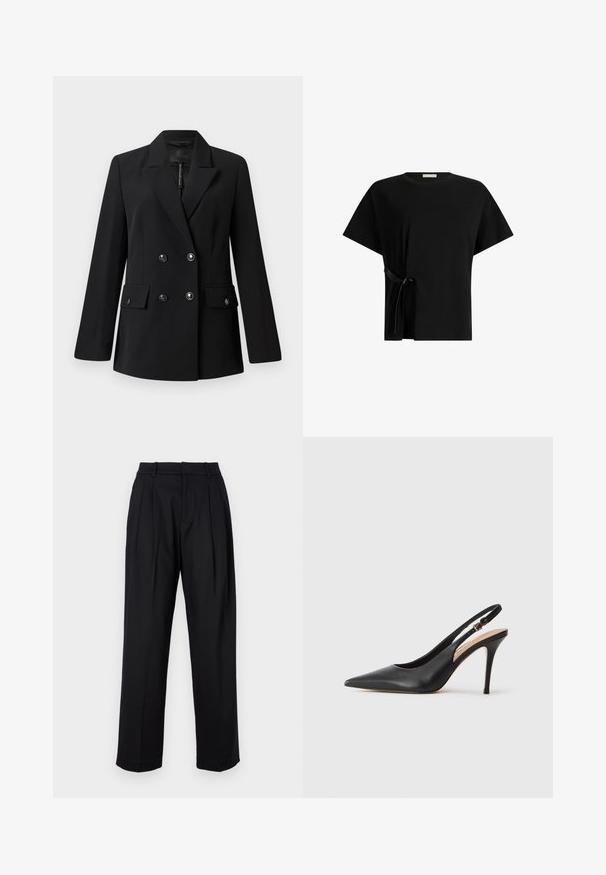 Črni dvoredni blejzer iz gladkega blaga, z izrezom, dvema sprednjima žepoma in okroglimi črnimi gumbi.; Črna bombažna majica s kratkimi rokavi, z detajlom zavezovanja na strani. Preprosta, ohlapna zasnova z okroglim izrezom.; Črne hlače z krojem po meri, ki se ponašajo z visokim pasom, plitvimi gubami in ravnim krojem. Narejene so iz gladkega blaga z enotno barvo.; Črne usnjene sandale s peto s konicami, gladko teksturo in nežnim trakom z kovinsko zaponko.