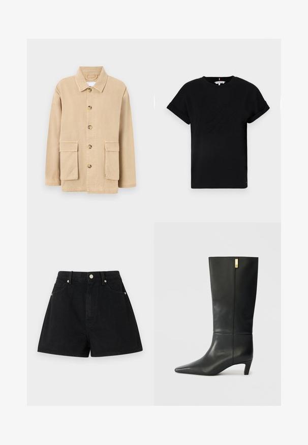 Beige színű, pamutból készült dzseki gombos elülső részel, hegyes gallérral és két elülső zsebből. Laza szabású és varrási részletekkel rendelkezik.; Fekete pamut póló, feltekerhető rövid ujjal, középen domború logóval és egy kis zászló részlettel az oldalon.; Fekete farmer rövidnadrág magas derékkal, öt zsebbel, ezüst kiegészítőkkel és standard szabással, sima textúrával és letisztult kidolgozással.; Fekete bőr, térd fölé érő csizma hegyes orral és kis sarokkal. Kifinomult dizájnja arany színű részletekkel bővül. Sima textúra.