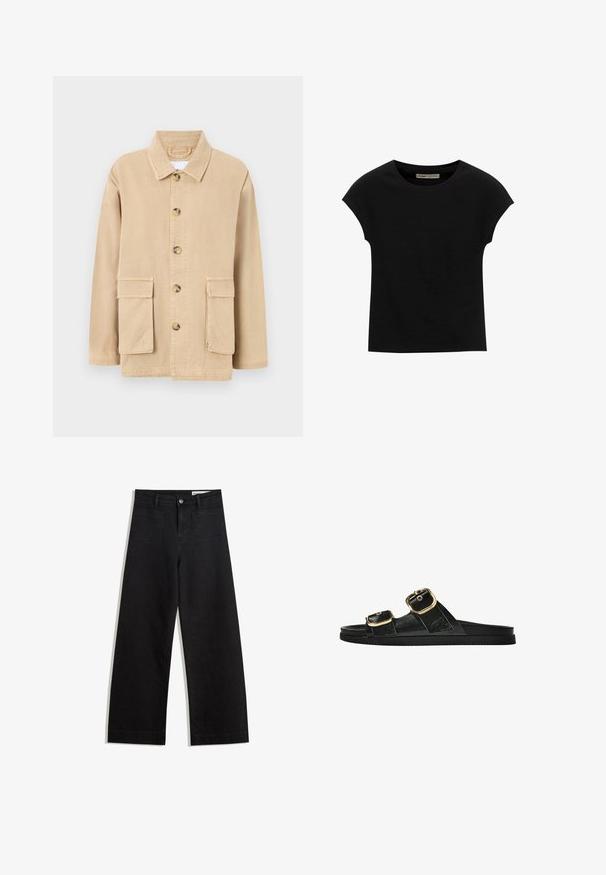 Giacca beige in cotone con chiusura a bottoni, colletto appuntito e due tasche a pattina anteriori. Presenta una vestibilità rilassata e dettagli di cucitura.; T-shirt nera a maniche corte realizzata in tessuto morbido, con scollatura rotonda e vestibilità comoda, caratterizzata da una texture liscia e senza pattern.; Pantaloni in denim neri a gamba larga con vita alta, dotati di tasche anteriori e posteriori, cuciture a punto, e chiusura con bottone. Texture liscia.; Infradito neri con due accenti di fibbia dorata, materiale dalla texture liscia, suola piatta e design minimalista.