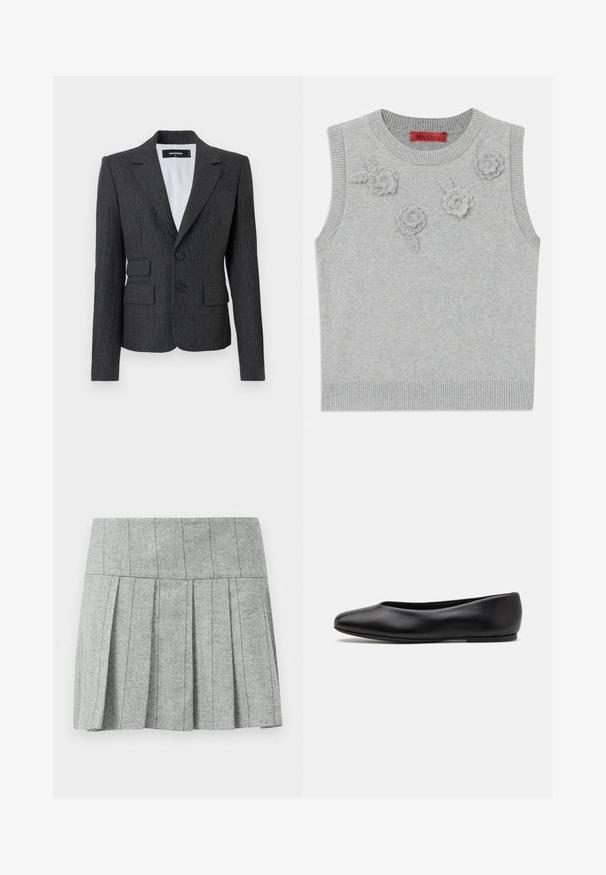 Kulgrå blazer med nålestriber, klapkraver, to forlommer og dobbeltknaplukning. Tekstureret stof med skræddersyet pasform.; Lys grå ærmeløs sweater med ribbet halsudskæring og kant. Har tre strukturerede blomsterapplikationer foran. Mærke: MAX&Co.; Grå plisseret nederdel lavet af stof med fishtail-mønster; har en struktureret talje og en lige skæring nederst.; Paul Smith TOPANGA - Ballerinasko - black