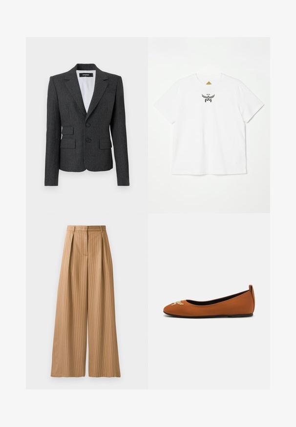 Charcoal gray pinstriped blazer with notched lapels, two front pockets, and double-button closure. Textured fabric with tailored fit.; White cotton t-shirt featuring a small black logo with wings and "MCM" at the center front. Short sleeves and crew neck design.; Wide-leg trousers in a tan fabric with vertical white stripes. Features pleats at the waist and a smooth texture.; Brown ballet flat made of smooth material with a rounded toe, featuring a decorative embroidered design on the toe and a low heel.