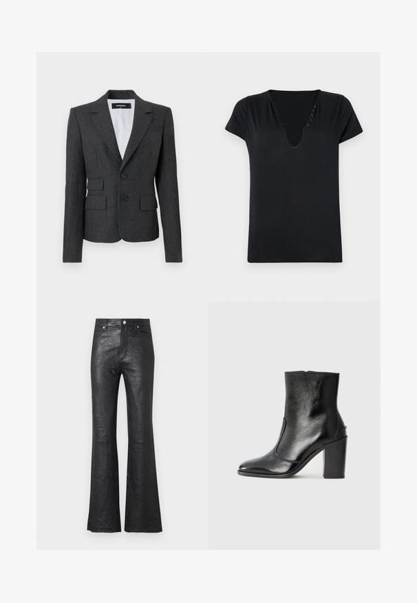 Charcoalgrijs gestreepte blazer met geknipte revers, twee voorzakken en dubbele knoopsluiting. Textuurstof met een getailleerde pasvorm.; Zwart t-shirt met korte mouwen, diep V-hals en vijf decoratieve knopen langs de halslijn. Glad materiaal met een ontspannen pasvorm.; Zwarte leren flared broek met een gekreukt textuur, hoge taille, zijzakken en een klassieke knoopsluiting met ritssluiting.; Zwarte leren enkelboot met een gladde textuur, spitse neus en een gedurfde hoge hak. Beschikt over een zijopening en een minimalistisch ontwerp.