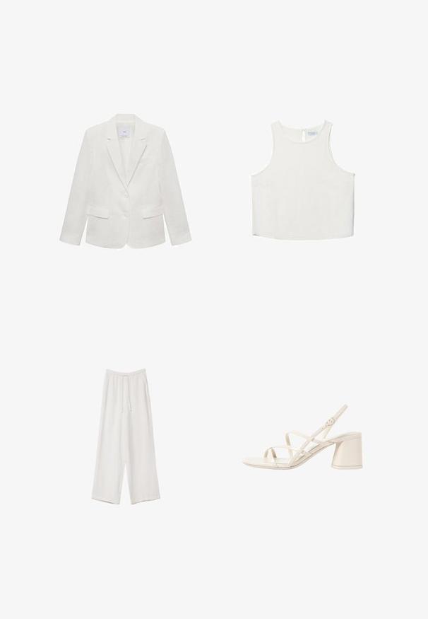 Biała lniana marynarka z klapami, dwoma przednimi kieszeniami i dwoma guzikami. Posiada jedną kieszeń na piersi oraz miękką teksturę.; Biała bezrękawnik z okrągłym dekoltem, z delikatną teksturą, z tylnym wycięciem w kształcie klucza oraz prostym wykończeniem dołu.; Białe spodnie o szerokich nogawkach wykonane z lekkiego materiału. Posiadają elastyczny pas z sznurkiem i boczne kieszenie. Gładka tekstura.; Beżowe sandały na obcasie z cienkimi, krzyżującymi się paskami, otwartym palcem i kwadratowym klockiem. Gładkie wykończenie z lakierowanej skóry, regulowany pasek na kostkę.