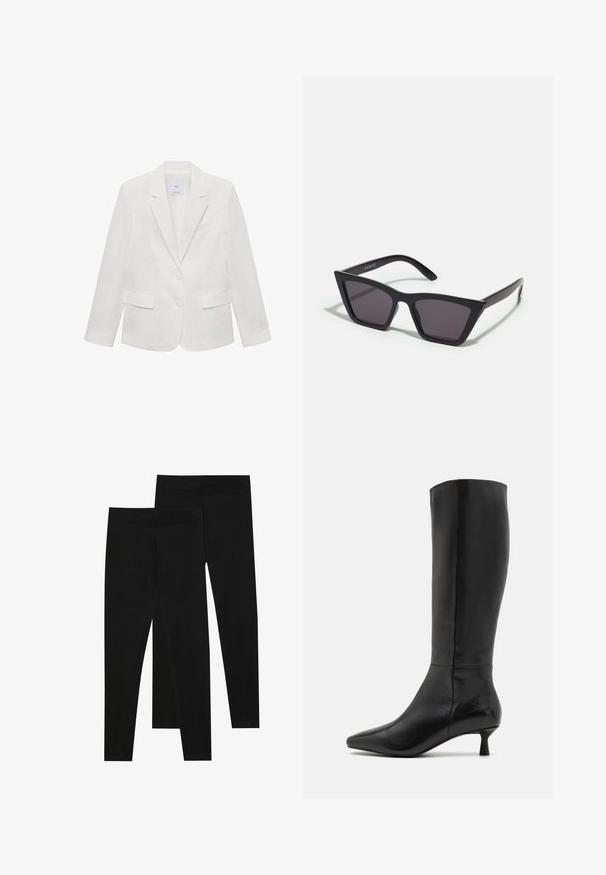Blazer alb din in cu rever în formă de v, două buzunare frontale și două butoane. Dispune de un buzunar pe piept și are o textură moale.; Două bluze cu mânecă lungă și guler înalt, una albă și una neagră, realizate dintr-un material neted și elastic, ambele având un design slim-fit.; Leggings negre dintr-un material elastic, cu o talie fără cusături și un design slim fit, potrivite pentru îmbrăcăminte casual sau exerciții fizice.; Zign Cizme - black; Ochelari de soare negri, unghiulari, cu lentile gri; fabricați din plastic, având brațe groase cu o suprafață netedă și fără hardware vizibil.