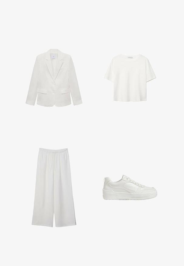 Bijela lanena sako jakna s reverima, dva prednja džepa i dva dugmeta. Ima jedan džep na prsima i mekanu teksturu.; Bijela majica kratkih rukava od pamuka. Ima okrugli izrez i opušteni kroj. Glatka tekstura bez vidljivih uzoraka ili naglasaka.; Bijele hlače širokog kroja izrađene od lagane tkanine, s elastičnim pojasom i vezicom za prilagodljivu veličinu. Glatka tekstura.; Bijele kožne tenisice s glatkom teksturom, podstavljenim gležnjem i perforiranim nožnim dijelom. Imaju blago povišeni gumeni potplat i dizajn s vezicama.