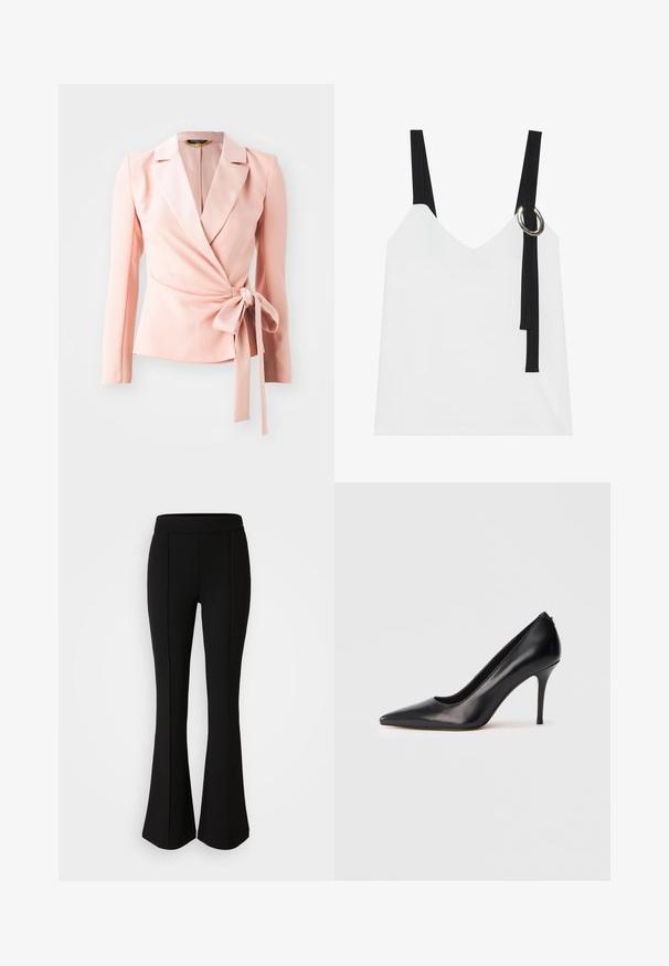 Kerge roosa pampblazer, millel on pikad varrukad, satiinilaadne viimistlus ja seotud vöö rõhuasetuseks. Klassikaline krae disain sujuva ja tekstureeritud välimusega.; Valge ilma varrukateta top, millel on V-kujuline kaelus, mustade rihmade ja hõbedase rõngaste detailiga. Sile kangas ja kaasaegne, minimalistlik disain.; Mustad flared püksid, mis on valmistatud elastsetest materjalidest, millel on sile tekstuur. Ees on õmbluste detailid, mis lisavad disaini.; Must nahast kõrge kontsaga kingad terava varba, siledat tekstuuri ja elegantse disainiga. Omavad peent, kõrgendatud kontsa ja madalat esiosa.