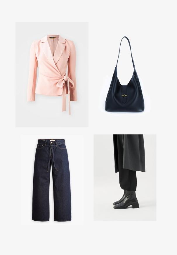 Gaiši rozā jaciņa ar garām piedurknēm, satīna līdzīgs apdare un sērijveida jostas akcenti. Klasiskas atlocītas apkakles dizains ar gludu, teksturētu izskatu.; Samsøe Samsøe NOURA - Tops - rose wine; Plati zili džinsi ar augstu jostasvietu, ar šnaukaša saišu, piecām kabatām un kontrastējošiem šuvju akcentiem.; Melnas ādas potīšu zābaki ar kvadrātu purngalu un masīnu papēdi, valkāti ar brīvām melnām biksēm un tumši pelēku mēteli. Gluda virsmas tekstūra.; Melnas ādas rokassomi ar mīkstu, brīvu dizainu. Iezīmēta ar plakanu siksnu un centrālu aizdari, kas dekorēta ar zelta akcentu.