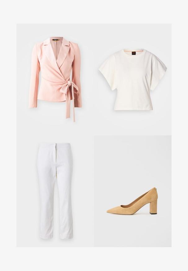 Light pink wrap blazer with long sleeves, satin-like finish, and a tied waist accent. Classic lapel design with a smooth, textured look.; White cropped T-shirt, short wide sleeves, soft cotton material, round neckline with subtle orange trim, minimal design, no patterns or graphics.; White cotton pants with a straight leg design, featuring a mid-rise waist and no visible hardware or patterns. Smooth texture throughout.; Beige suede high-heeled pump with a pointed toe and a chunky block heel. The material has a soft texture with a smooth finish.