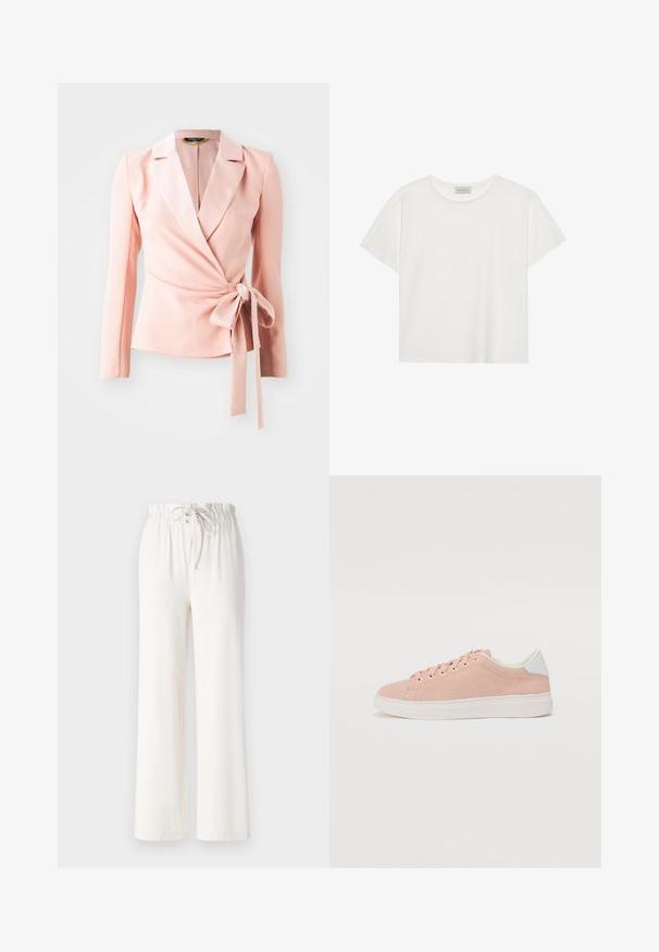 Lys rosa omslag blazer med lange ermer, satinfølelse og et beltet liv. Klassisk krage-design med en glatt, strukturert overflate.; Hvit T-skjorte med kort erm laget av myk bomull. Har rund hals og avslappet passform. Rent design uten synlige mønstre eller aksenter.; Hvite vide bukser laget av myk stoff, med snor i livet og jevn tekstur. Ingen mønstre eller dekorasjoner synlige.; Lys rosa semsket sko med hvit gummisåle, rund tå og hvit hælaccent. Har flate lisser og minimal merking på siden.