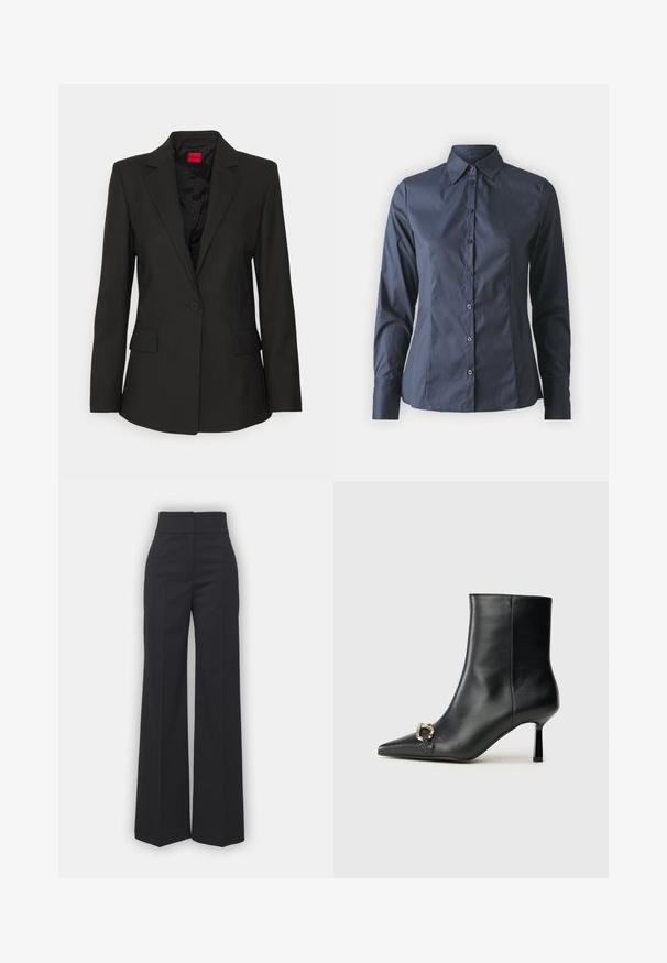 HUGO ATANA - Blazer - black; Navy blue long-sleeve shirt with button-up front, pointed collar, and a tailored fit. Made of smooth, lightweight fabric.; Wide-leg trousers in black fabric with a high waistband, featuring a clean finish and smooth texture. No visible hardware or patterns.; Black leather ankle boot with pointed toe, slim mid-height heel, and silver buckle detail on side against plain background.