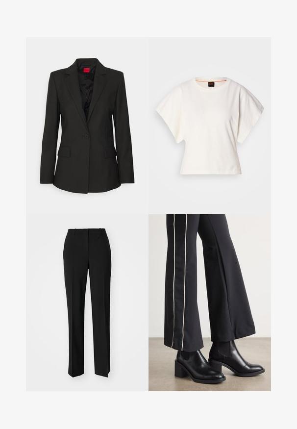 HUGO ATANA - Σακάκι - black; Λευκό κοντομάνικο μπλουζάκι, φαρδιές κοντές μανίκες, μαλακό βαμβακερό υλικό, στρογγυλή λαιμόκοψη με διακριτική πορτοκαλί λεπτομέρεια, μινιμαλιστικός σχεδιασμός, χωρίς σχέδια ή γραφικά.; Μαύρο παντελόνι με ραφή που έχει σχεδιασμό ίσιας γραμμής, διαθέτει λεία υφή και καθαρές πτυχώσεις κατά μήκος της μπροστινής πλευράς. Χωρίς ορατό μεταλλικό υλικό.; Μαύρες δερμάτινες μπότες μέχρι τον ασρό με τετράγωνη φτέρνα, που διαθέτουν ελαστικές πλάγιες ρίγες. Συνδυασμένες με μαύρο παντελόνι που έχει λευκή πλαϊνή ρίγα.