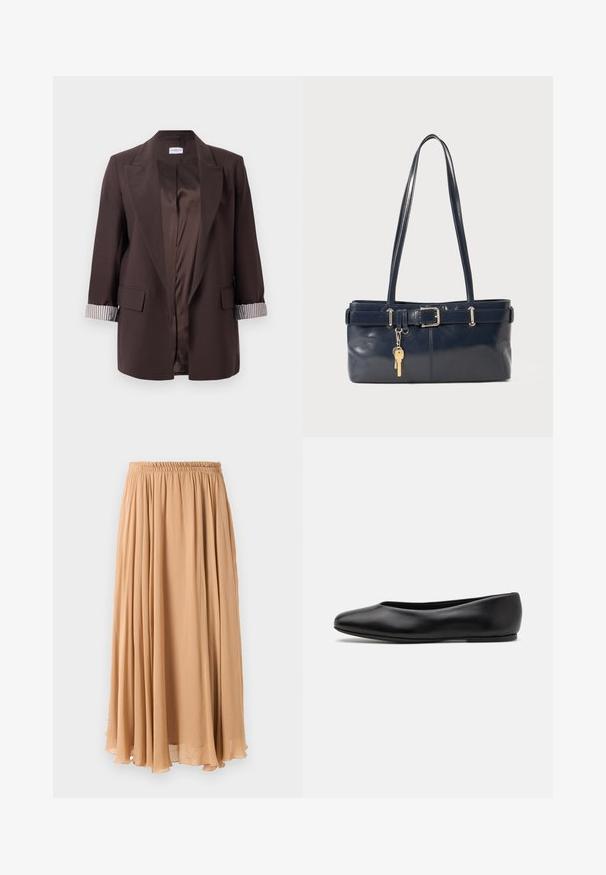 Blazer de color marrón oscuro con apertura frontal, solapas con muesca, forro de puños a rayas, bolsillos de solapa y un forro interior suave similar al satén.; Suéter corto de un beige claro con cuello tipo chimenea con cremallera, que presenta un patrón texturizado y puños y dobladillo acanalados. Combina materiales de punto y tejido.; Falda maxi en beige claro, confeccionada con una tela fluida. Presenta una cintura elástica fruncida y suaves pliegues para el movimiento.; Paul Smith TOPANGA - Bailarinas - black; Bolso de mano de cuero navy con dos asas largas, un detalle de hebilla y un llavero adjunto. Presenta una textura suave y una forma rectangular.