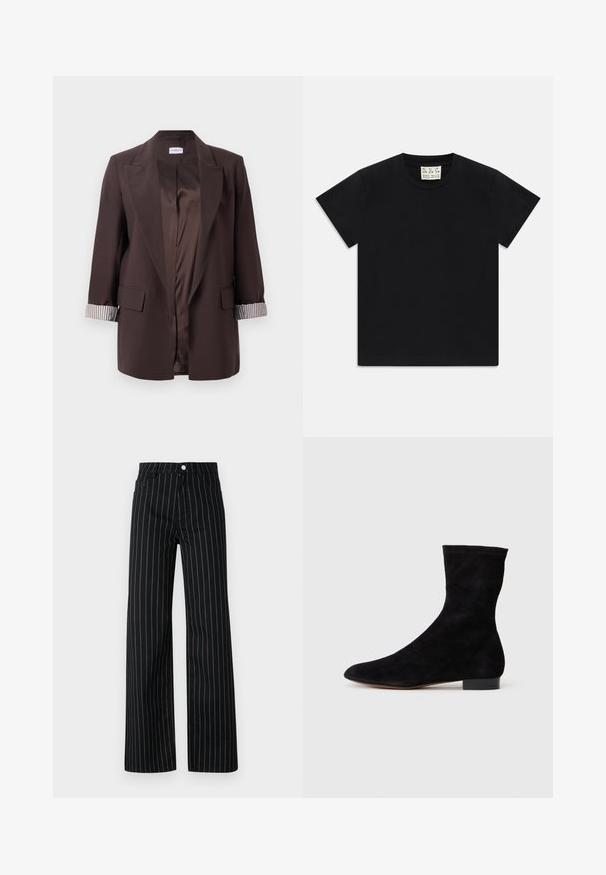 Dark brown open-front blazer with notch lapels, striped cuff lining, flap pockets, and smooth satin-like interior lining.; Black short-sleeve crew neck t-shirt with a white tag inside the collar labeled "D.R.C. EST. 2002" on a white background.; Black wide-leg trousers with vertical blue pinstripes, featuring a classic five-pocket design and a front button closure.; Black suede ankle boot with a fitted shaft, pointed toe, and a low block heel. Smooth texture and minimalistic design, suitable for versatile styling.