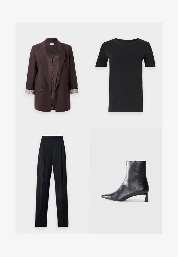 Blazer de color marrón oscuro con apertura frontal, solapas con muesca, forro de puños a rayas, bolsillos de solapa y un forro interior suave similar al satén.; Camiseta de manga corta negra hecha de algodón suave, con un cuello redondo y un corte clásico. Textura suave, sin patrones ni adornos.; Pantalones negros de tela suave con cintura alta, piernas amplias, pliegues frontales y lazos de cinturón clásicos. No hay bolsillos laterales visibles.; Botín de cuero negro hasta el tobillo con punta afilada y un diseño elegante. Presenta un tacón bajo y un cierre con cremallera en la parte trasera. Textura suave.