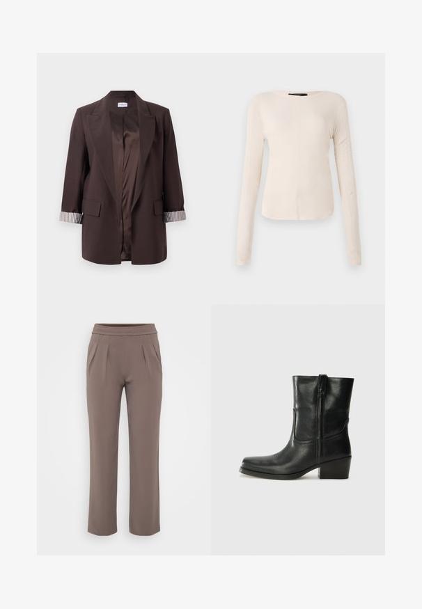 Ciemnobrązowa żakiet otwarty z klapami, z podszewką w paski na mankietach, kieszeniami z klapami oraz gładką, satynową podszewką.; Długi rękaw, jasnobeżowa bluzka z okrągłym dekoltem. Wykonana z miękkiego materiału, posiada centralny szew oraz lekko zaokrąglony dół. Brak widocznych elementów metalowych.; Sukienki w kolorze taupe o luźnym kroju, z elastycznym paskiem w talii i fałdami z przodu, wykonane z gładkiego materiału.; Czarne skórzane botki za kostkę z okrągłym noskiem, słupkowym obcasem, bocznym zamkiem i przeszyciami na cholewce. Gładka tekstura, klasyczny design.