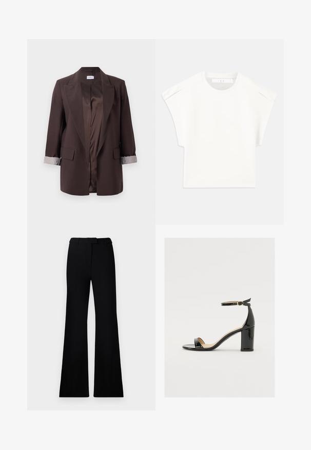 Dark brown open-front blazer with notch lapels, striped cuff lining, flap pockets, and smooth satin-like interior lining.; White boxy t-shirt with short sleeves. Made from smooth fabric, featuring a round neckline and subtle shoulder accents. Simple design.; Black flared pants featuring a smooth texture, tailored waistband, and front pockets, designed with a sleek, modern silhouette.; Black patent leather sandal with a wide heel, open toe, and ankle strap featuring a gold buckle. Smooth texture and sleek design.