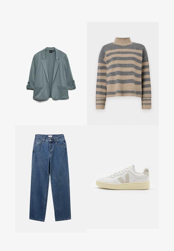 Blazer de culoare teal deschis, cu o textură netedă, cu rever în formă de evantai, două buzunare frontale și mâneci suflecate prinse cu nasturi.; Pulover tricotat cu dungi, în culori gri și bej, guler înalt, mâneci late cu manșete și o croială lejeră cu un design scurt.; Jeans clasice din denim albastru, cu un design drept, cinci buzunare și închidere cu nasture. Prezentând o spălare medie și o textură rezistentă.; Pantofii sport din piele albă cu accente din suede bej, cutie pentru degete perforată, șireturi plate și o talpă texturată de crem. Prezintă branding subtil pe călcâi.