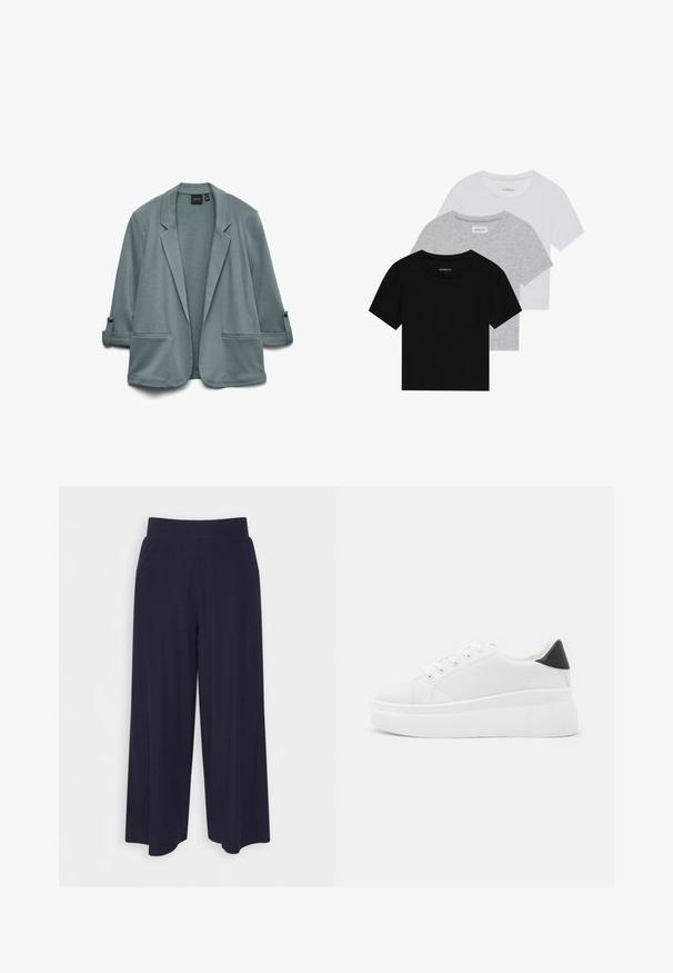 Blazer azul-turquesa claro com textura suave, lapelas recortadas, dois bolsos frontais e mangas arregaçadas seguradas por botões.; Conjunto de três t-shirts de manga curta nas cores preto, cinza e branco. Feitas em algodão, com gola redonda e um design simples, em cores sólidas.; Calças largas em tecido azul-marinho escuro com uma textura ribada. Apresenta uma cintura suave e uma silhueta fluida, atingindo o comprimento até metade da panturrilha.; Tênis plataforma brancos feitos de material sintético suave, apresentando ponta arredondada, design com cadarços e sola de borracha texturizada. Acento preto no calcanhar.