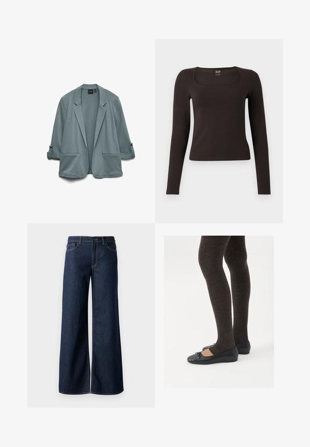 Blazer azul-turquesa claro com textura suave, lapelas recortadas, dois bolsos frontais e mangas arregaçadas seguradas por botões.; Top preto de mangas longas, ajustado, com decote quadrado, da marca GAP, exibido sobre um fundo branco.; Jeans de perna larga em denim azul escuro. Apresenta costura em contraste, cinco bolsos e um fecho de botão na cintura. Textura lisa.; Sapatos planos pretos com um pequeno laço na ponta, emparelhados com meias-calças caneladas castanhas escuras. Os sapatos têm uma textura suave e um design discretamente baixo.