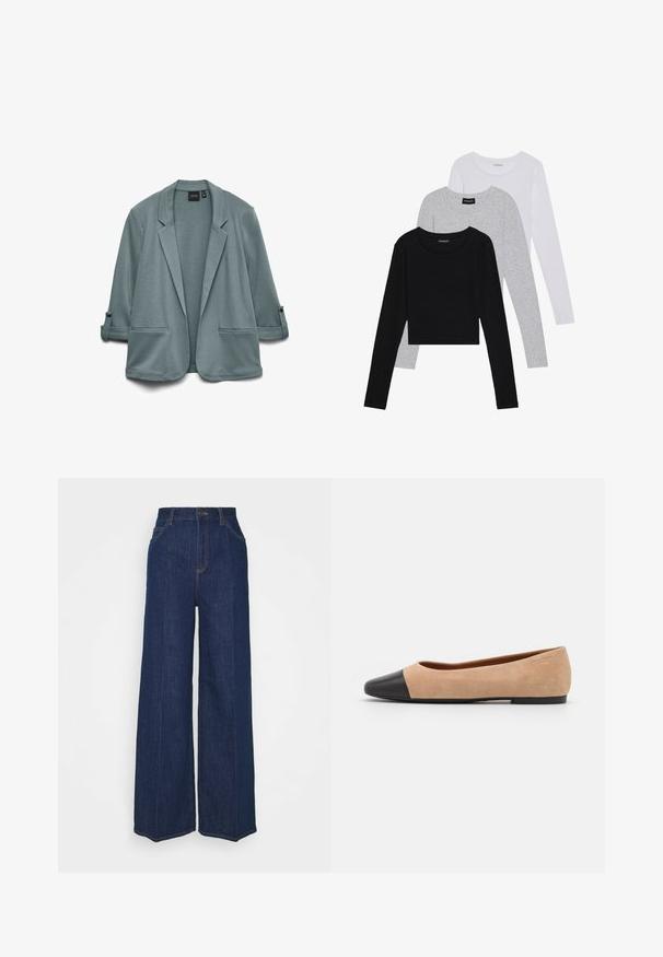 Blazer azul-turquesa claro com textura suave, lapelas recortadas, dois bolsos frontais e mangas arregaçadas seguradas por botões.; Três camisetas de manga longa empilhadas: preta, cinza e branca. Cada uma tem um decote redondo e um design cropped, feitas de um tecido leve e suave.; Jeans de denim escuros de cintura alta e perna larga, com bolsos frontais e traseiros, fecho com botão e detalhes de costura visíveis.; Bailarina em suede bege com biqueira arredondada em couro preto, salto baixo e textura suave, apresentando costura mínima e um design clean.