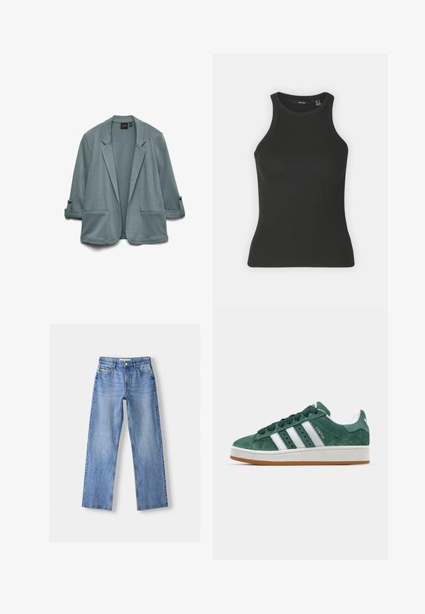 Vaaleansininen bleiseri, jossa on sileä pinta, nappikaulukset, kaksi etutaskua ja ylös kierretyt hihat, jotka on kiinnitetty nappeilla.; Musta ribbatun tank top, jossa on korkea pääntie ja hihaton muotoilu. Ominaisuuksiin kuuluu tiukka siluetti ja pehmeä tekstuuri.; Vaaleansiniset denim-farkut suoranlahkeisella muotoilulla, joissa on viisi taskua, etupainikeh closure ja hienovarainen haalistuminen pintakuvioinnin vuoksi.; Vihreät samettiset lenkkarit, joissa on valkoiset nahkakaistat, kumipohja, pehmustettu kaulus ja minimalistinen muotoilu. Sivulla on brändäys.