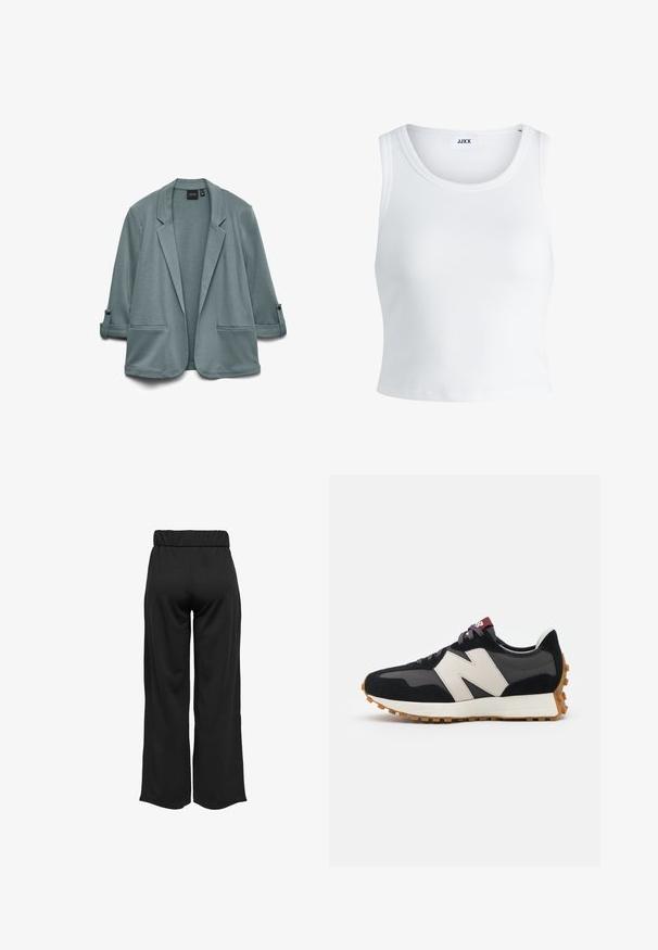 Heledat teal bleiser, millel on sile tekstuur, nurgelised kraed, kaks eesmist taskut ja üles keeratud varrukad, mis on kinnitatud nuppudega.; Valge ribakujuline tank top, millel on ümmargune kaelus, varrukateta disain ja lühike pikkus. Silt ütleb "JJXX." Sile kangast tekstuur.; Mustad, laiad püksid elastse vöökohtaga, valmistatud siledast kangast. Omab lihtsat disaini, ilma taskute või nähtavate õmbluste detailideta.; Mustmust ja halli nubukist tennisajal on suur kreemjas "N" logo, lilla paelad ja tekstureeritud kummist välispohja.