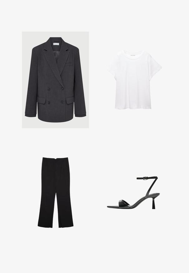 Sivi dvoredni sako s revere ovratnikom, dva prednja džepa i teksturiranom tkaninom. Ima crne dugmadi i glatku unutarnju podstavu.; Bijela majica od mekane, lagane tkanine. Ima okrugli izrez i kratke, široke rukave s ležernim krojem. Bez vidljivih uzoraka.; Crne hlače ravnog kroja, s prednjim džepovima i bočnim prorezima na rubu. Izrađene od mekog i glatkog materijala. Pogodne za razne prigode.; Bershka Sandale s visokom petom - black