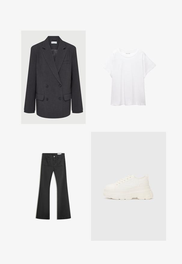 Grå dubbelknäppt kavaj med slag, två framfickor och strukturerad tyg. Har svarta knappar och en slät innerfoder.; Vit t-shirt som är gjord av mjukt, lätt tyg. Har en rund halsringning och korta, vida ärmar med en avslappnad passform. Inga synliga mönster.; Svarta utsvängda jeans i denim med en jämn textur, med två bakfickor och knäppning vid midjan.; Vitcanvas sneakers med en chunky sula, rund tå och fem öglor för snören. Bakre tab för enkel påtagning. Slät yta, minimalistisk design.