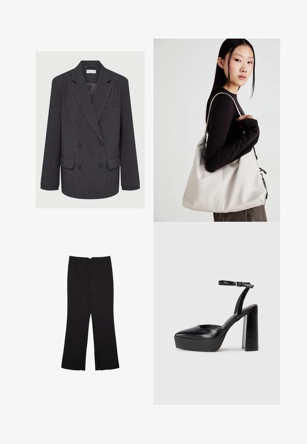 Siva dvoredna blazer jopica z žepi, z dvema sprednjima žepoma in teksturirano tkanino. Ima črne gumbe in gladko notranjo podlogo.; Bela brezrokavnica s okroglim izrezom. Narejena iz gladkega materiala, ima sproščen kroj in minimalističen dizajn. Brez vzorcev ali okrasnih elementov.; Črne hlače ravnega kroja z naglavnimi žepi in stranskimi razporki na robu. Narejene iz mehke, gladke tkanine. Primerne za različne priložnosti.; Črne platforme z visokimi petami in koničastim nosom ter nastavljivim gležnjenjskim trakom. Narejene iz gladke usnje, s kockasto peto.; Bežna torbica iz mehkega materiala, z ohlapno zasnovo, šivi in dvema naramnicama. Primerna za vsakodnevno uporabo.