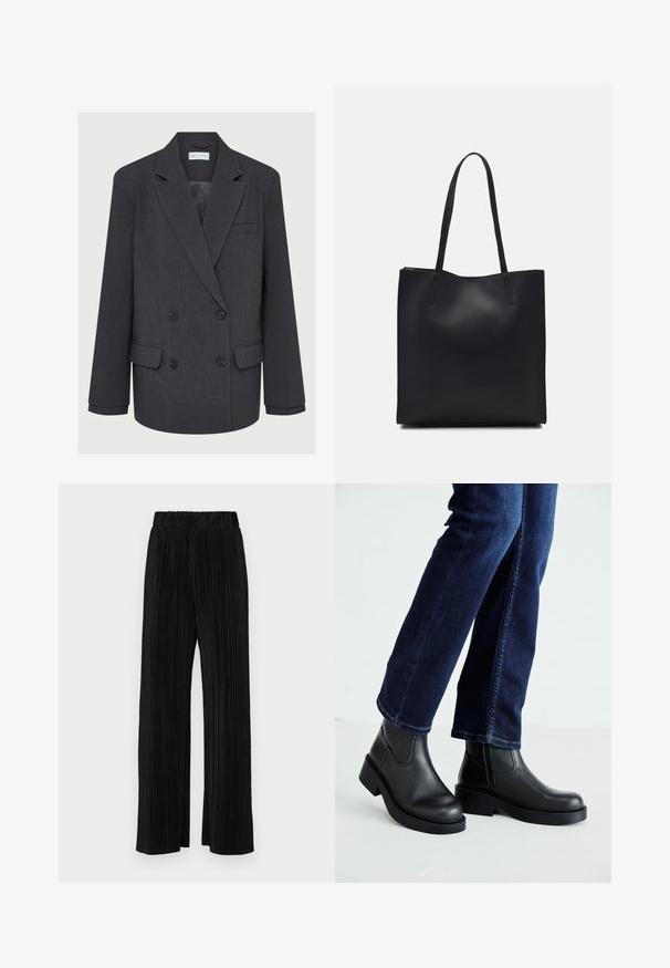 Blazer cinza de doube peito com lapelas recortadas, dois bolsos frontais e tecido texturizado. Apresenta botões pretos e um forro liso.; T-shirt preta de mangas curtas com decote redondo, feita de tecido de algodão suave. Design simples, sem logótipos ou padrões visíveis.; Calças pregueadas pretas com uma cintura elástica. Apresentam pernas largas e um tecido liso, texturizado com riscas verticais.; Botas de tornozelo de couro preto com sola grossa e painéis elásticos laterais, combinadas com jeans azul escuro. O chão é de cor clara.; Bolsa tote preta em couro com textura lisa, forma retangular e duas alças longas. Sem hardware ou enfeites visíveis.
