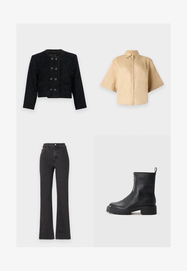Casaco cropped em tweed preto com gola redonda, tecido texturizado e seis grandes botões pretos à frente. Lapelas notched e dois bolsos.; Camisa de manga curta, bege, com colarinho clássico, fecho frontal com botões e bolso no lado esquerdo do peito. Tecido suave sem padrões ou texturas visíveis.; Jeans flared pretos de cintura alta feitos de denim, com fecho de botão, passadores para cinto e bolsos laterais. Textura suave com desbotamento mínimo.; Botim de tornozelo em pele preta com fecho lateral, biqueira arredondada e sola robusta e texturizada. Marca discreta na lateral.