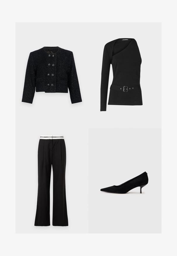 Chaqueta corta de tweed negro con cuello redondo, tejido texturizado y seis grandes botones negros en la parte delantera. Con solapas de punta y dos bolsillos.; Top negro de manga larga con escote asimétrico y cintura ajustada, que presenta un diseño con cinturón y detalle de hebilla metálica.; Pantalones negros de corte relajado, con una cinturilla elástica blanca que lleva marca. Fabricados en un tejido suave con un ligero brillo.; Zapato de tacón alto de ante negro con punta afilada y un tacón delgado y bajo. Textura suave con un diseño elegante, sin hardware visible.